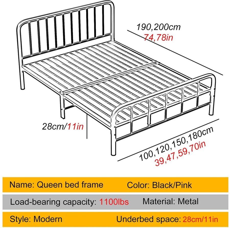 Senza Marchio Queensize Bedframe Met Opbergruimte Metalen Bedframe Voor Slaapkamer Queensize Platformbedframe Eenvoudige Montage(Color:Black Size:39x78in)