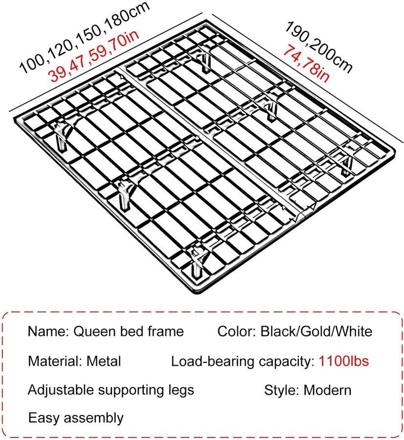 Senza Marchio Queensize Bedframe Metalen Bedframe Met Opbergruimte Queensize Bedframes Met Steunpoten Sterk Draagvermogen(Color:White Size:39x74in)