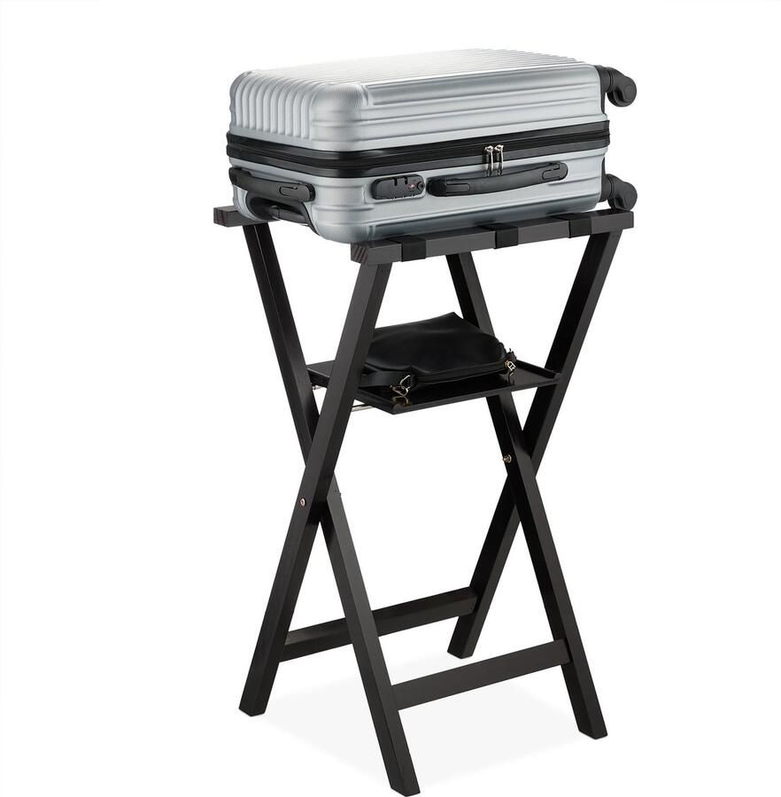 Senza Marchio Relaxdays kofferrek inklapbaar hout H x B x D: ca. 81 x 46 x 43 cm bagagerek met plank hotel slaapkamer zwart