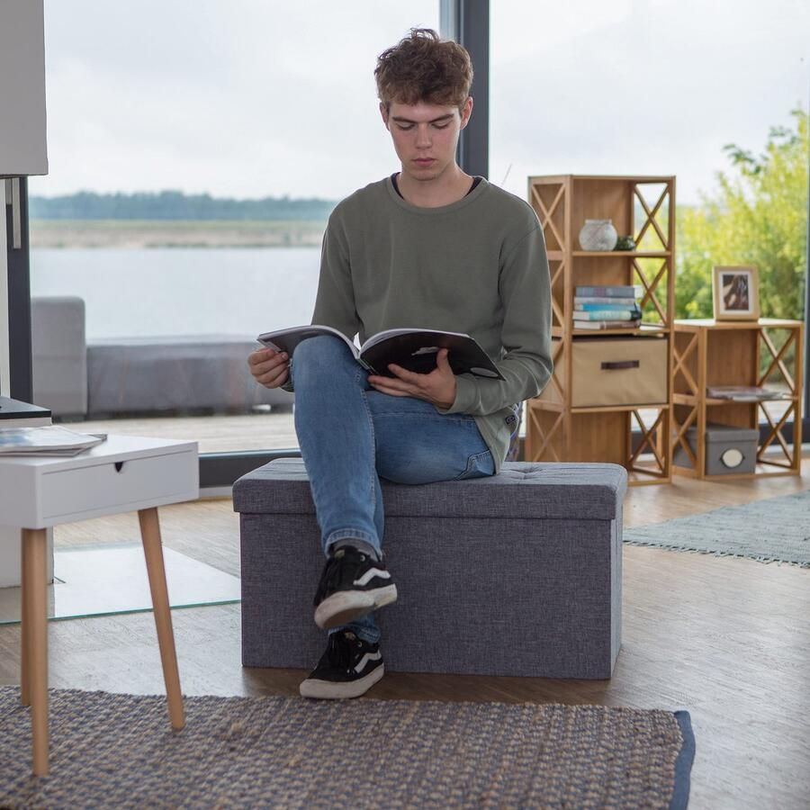 Senza Marchio Relaxdays opbergbank opvouwbaar linnen tot 300 kg deksel groot 38 x 76 x 38 cm 85 l opbergruimte donkergrijs