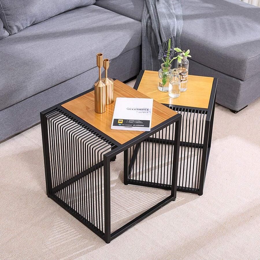 Senza Marchio Retro End Table Modern Creative Side Table Set of 2 Solid Wood Desktop and Iron Frame Stackable Nesting Table Living Room Coffee Table