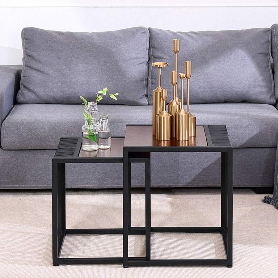 Senza Marchio Retro End Table Modern Creative Side Table Set of 2 Solid Wood Desktop and Iron Frame Stackable Nesting Table Living Room Coffee Table - Foto 2