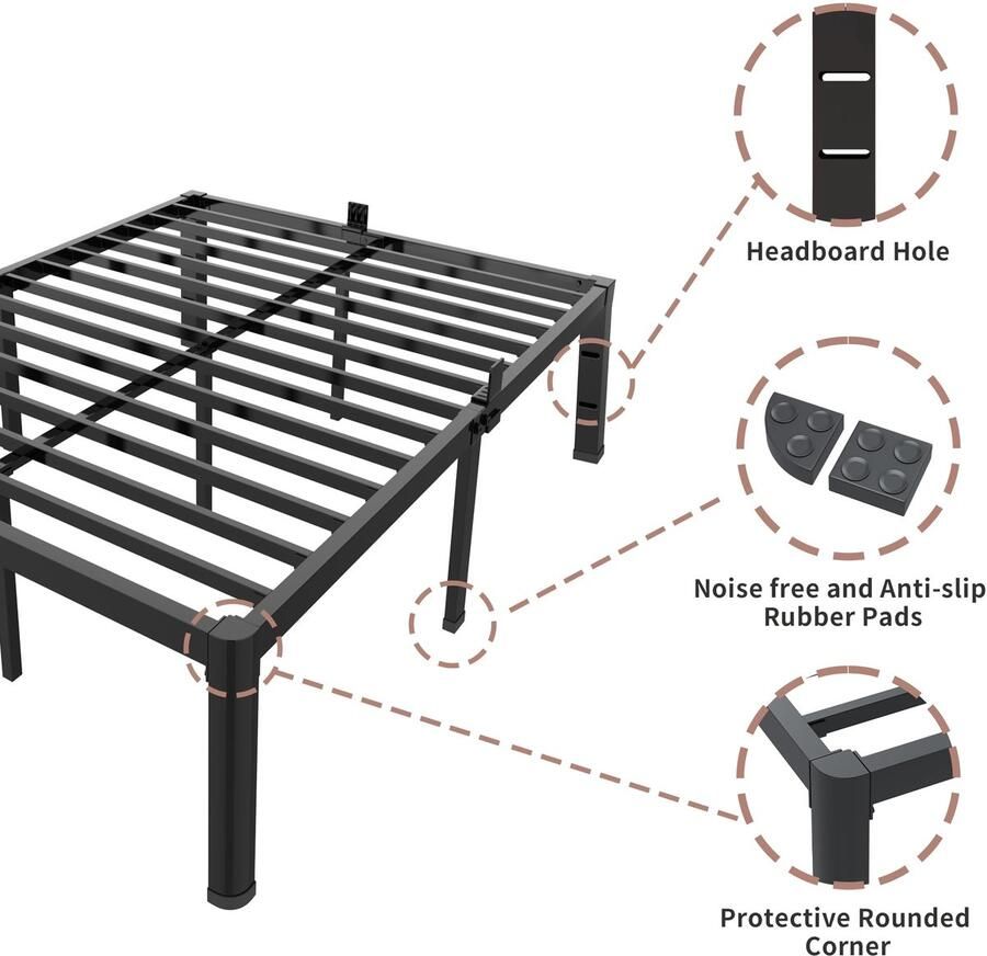 Senza Marchio ROIL 14 inch kingsize bedframe metalen platform geen boxspring nodig met hoofdeinde gat ronde hoekpoten matrasstoppers houders 3500 kg zware stalen latten geluidsvrij
