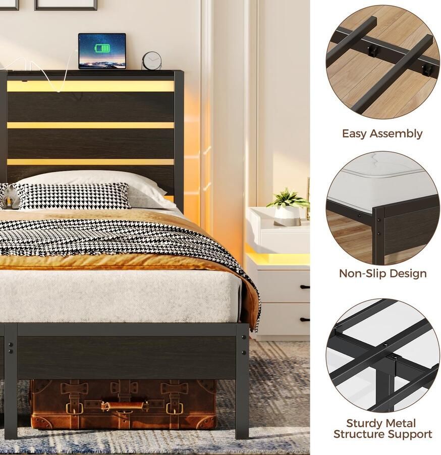 Senza Marchio Rolanstar Bedframe kingsize bed met USB-oplaadstation led-bedframe met houten opberghoofdeinde zwart metalen platformbed met opbergruimte onder het bed geen boxspring nodig geluidsvrij