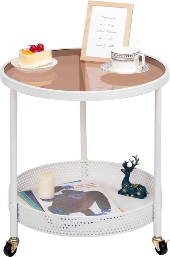 Senza Marchio Ronde bijzettafel metalen bijzettafel gehard glas salontafel met 2 niveaus snacktafel nachtkastje salontafel voor woonkamer slaapkamer balkon terras wit