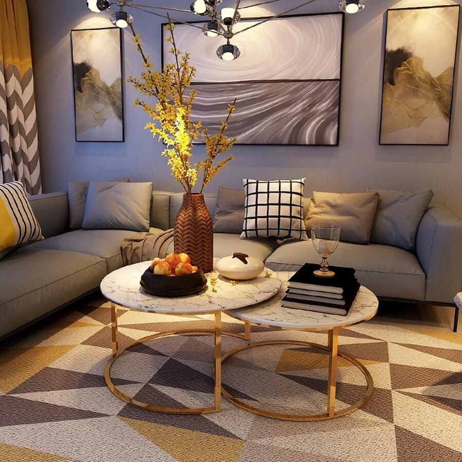 Senza Marchio Ronde Nesting Coffee Set van 2 Nesting Tables Marmer en staal Stapelbare Woonkamer Accent Bijzettafels voor kleine ruimte Zeer duurzaam (Afmetingen: 80 * 45 60 * 40cm)