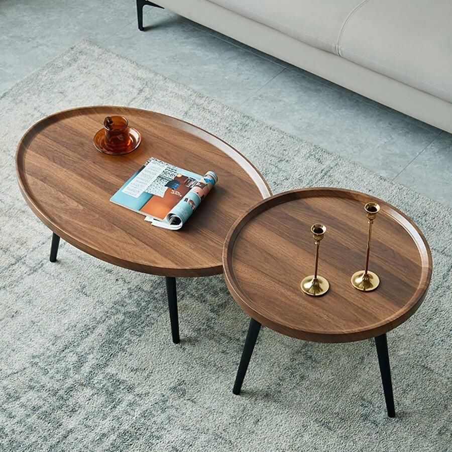 Senza Marchio Ronde Nesting Salontafel Houten Nesting Table Modern Accent Side End Table Woonkamer Sofa Tafel Set Van 2 Metalen Poten Eenvoudige Montage voor Woonkamer Balkon Kantoor