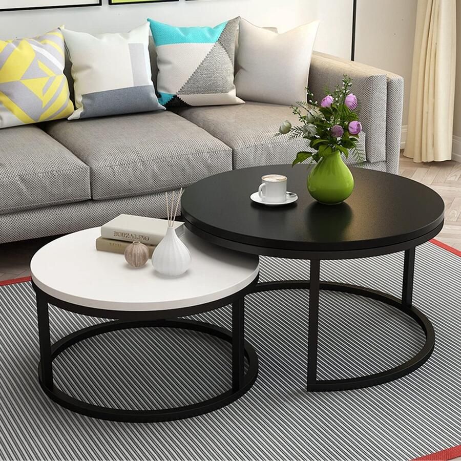 Senza Marchio Ronde Nesting Salontafel Houten Minimalistische Nesting Table Set van 2 Modern Accent Side End Table voor kleine ruimtes Metalen frame Eenvoudige montage voor Woonkamer Balkon Kantoor