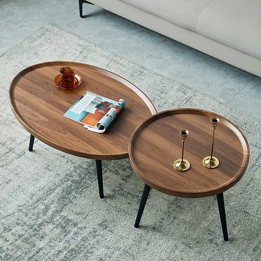 Senza Marchio Ronde Nesting Salontafel Houten Nesting Table Modern Accent Bijzettafel Woonkamer Sofa Tafel Set van 2 Metalen Poten Eenvoudige Montage Voor Woonkamer Balkon Kantoor (Kleur: Zwart Maat: 60+50CM)