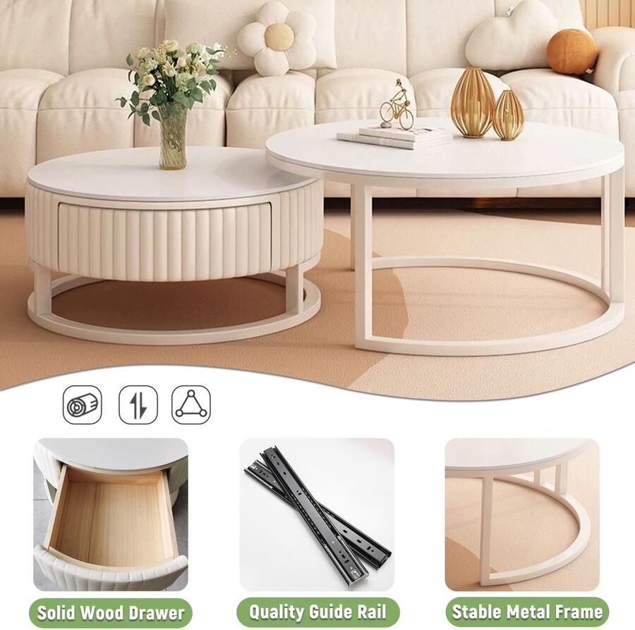 Senza Marchio Ronde Nesting Salontafel Set Van 2 Boho Witte Salontafel Met Opbergvak Mid Century Modern Circle Salontafels Voor De Woonkamer Marmeren Desktop En Stevige Metalen Poten Tafel