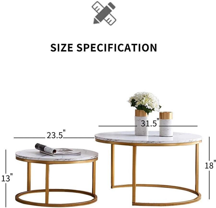 Senza Marchio Ronde Nesting Salontafels Set voor Woonkamer Wit Modern Nesting Tables Sofa Side Nest of Tables End Tables for Bedroom Set van 2 met massief metalen frame voor kleine ruimte