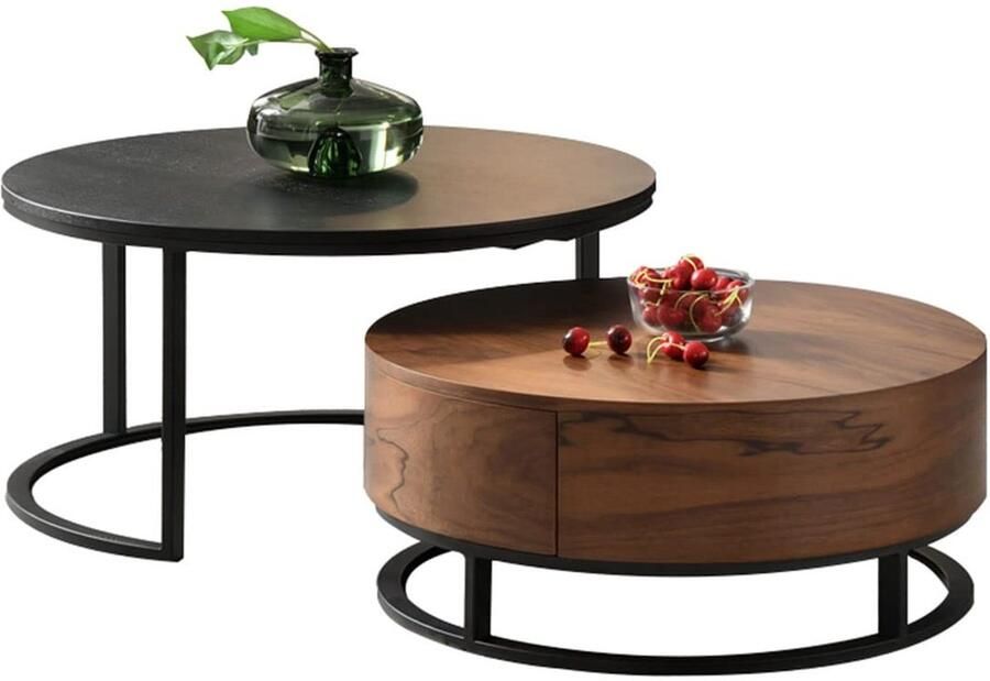 Senza Marchio Ronde Nesting Tables Set van 2 stapelbare bijzettafels met lade Nesting Coffee Table Sofa Side End Table For Living Room Bedroom Home Office (Kleur: A Maat: 80 * 40cm+70 * 30cm)