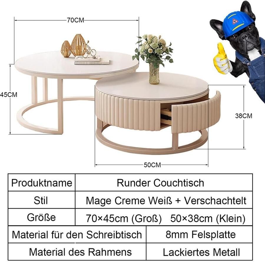 Senza Marchio Ronde Salontafel Wit Set Van 2 Salontafel Nesting Salontafel Voor Woonkamer Balkon En Kantoor 70cm+50cm