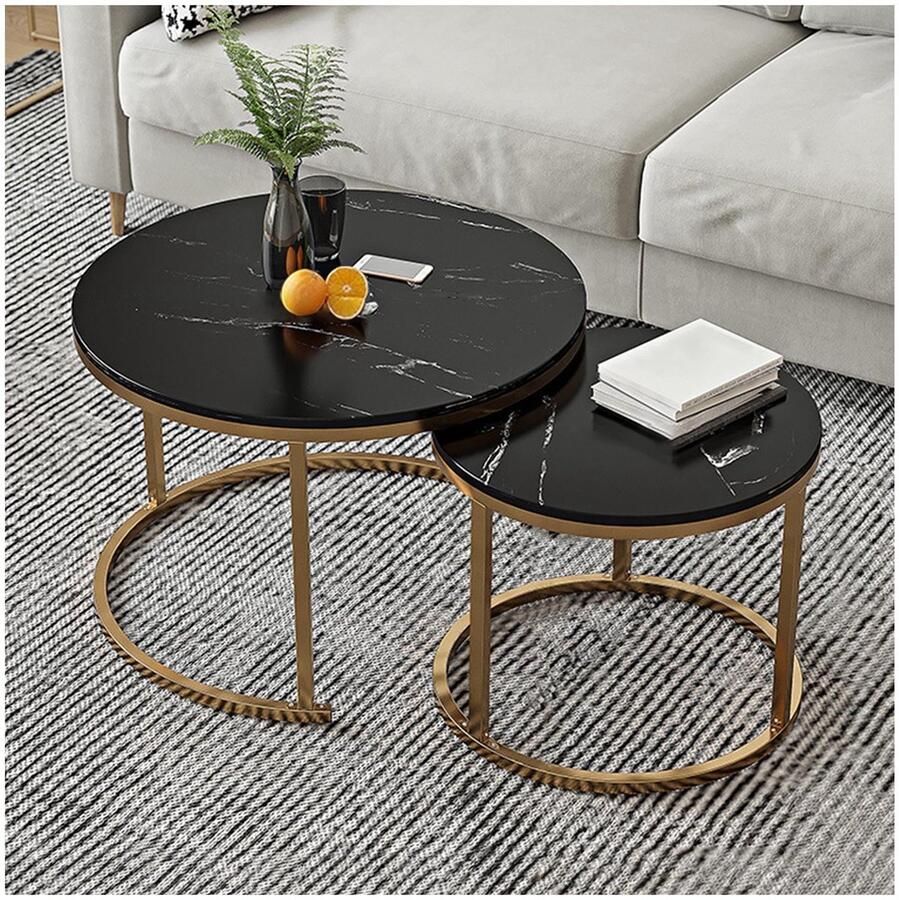 Senza Marchio Round Coffee Table Nesting Faux Marble Pattern End Table with Golden Metal Frame Modern Sofa Tables for Living Room Apartment Office (D)