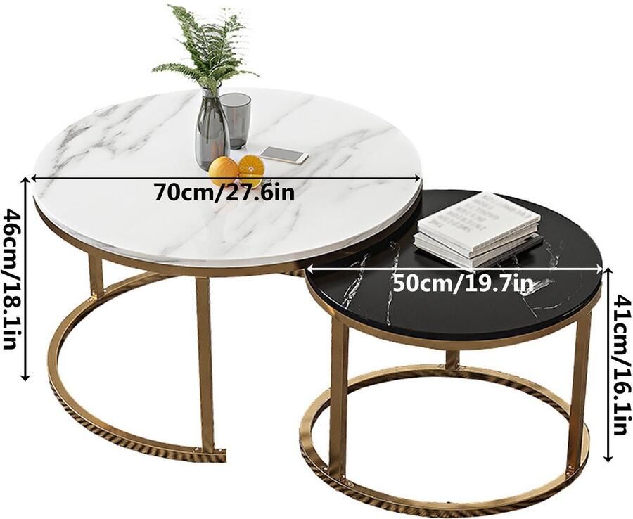 Senza Marchio Round Coffee Table Nesting Faux Marble Pattern End Table with Golden Metal Frame Modern Sofa Tables for Living Room Apartment Office (A)