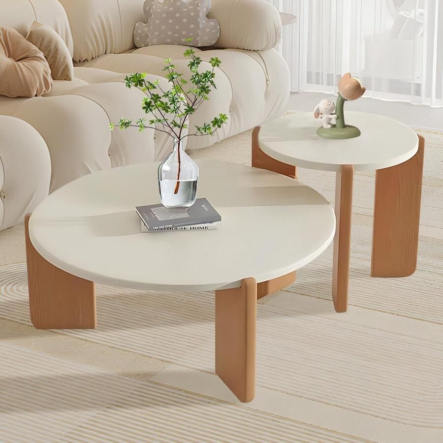 Senza Marchio Round Coffee Table Set Nesting Coffee Table Set of 2 for Living Room Farmhouse Wood Nesting Tables Small Space Sofa Side Table Accent Circle Table Modern Home Decor A 50+70cm
