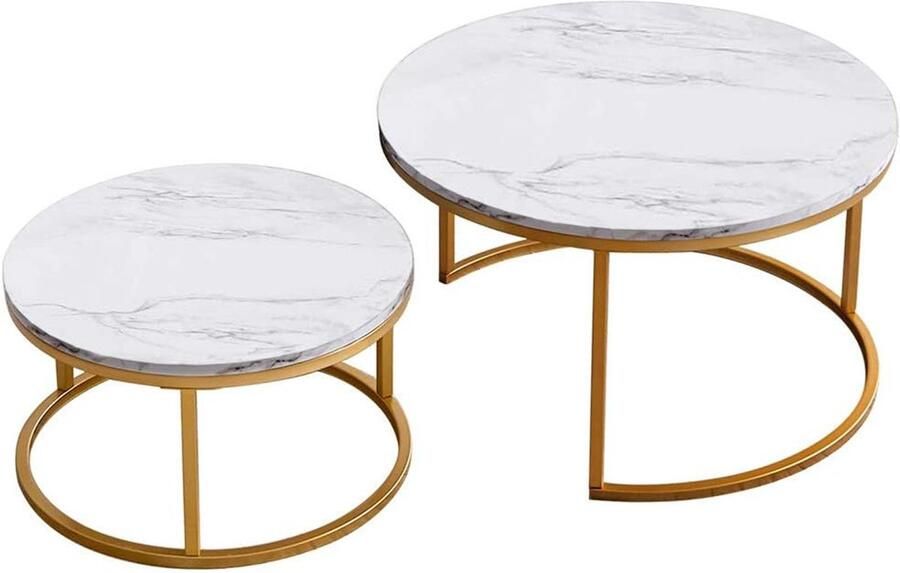 Senza Marchio Round Coffee Table Side Table Set of 2 Round Nesting Tables Modern Sofa Table Side Table with Metal Frame for Living Room Bedroom Furniture Decor Golden legs