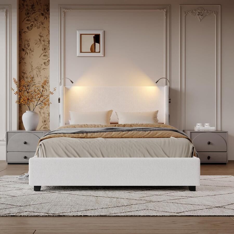 Senza Marchio RTYUSWL 140 x 200 cm gestoffeerd bed bedframe met opklapbaar opberg- en leeslicht USB-oplaadstation hydraulisch tweepersoonsbed met hoofdeinde bedframe met lattenbodem