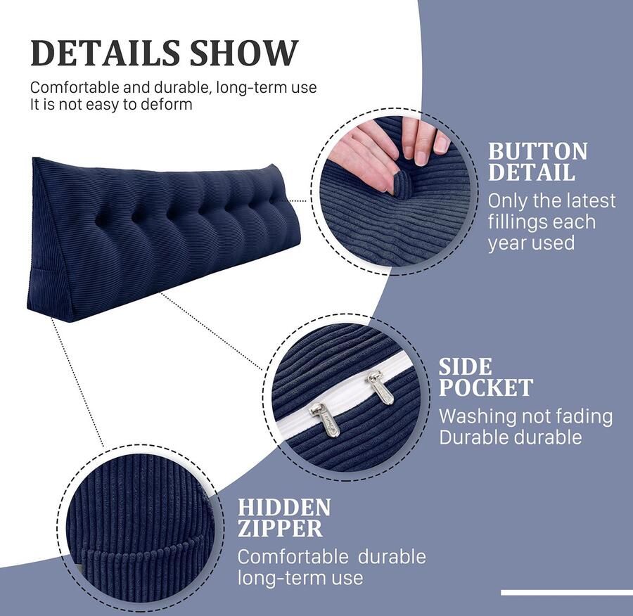 Senza Marchio Rucener Groot driehoekig kussen bed kussen rugleuning hoofdeinde bed bank kussen lezen het perfecte kussen voor tv en lezen vele maten diepte blauw 200 cm