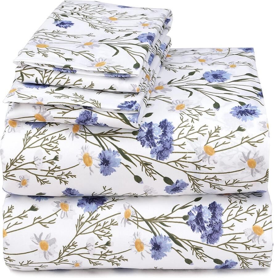 Senza Marchio Ruvanti 100% katoenen percal lakens voor kingsize bed 40 cm diepe zak perfecte pasvorm knapperig koel en comfortabel blauwe bloemen (1 plat 1 hoeslaken en 2 kussenslopen)