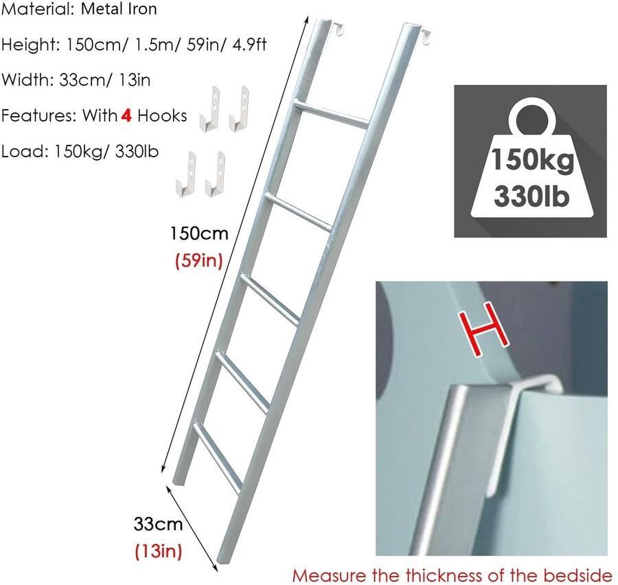 Senza Marchio Rv-stapelbedladder met haken hangende camperstapelladder tweepersoonsbed opstapladder voor loft peuter ouderen tienersslaapzaal (kleur: zwart maat: 1 5 m (59))