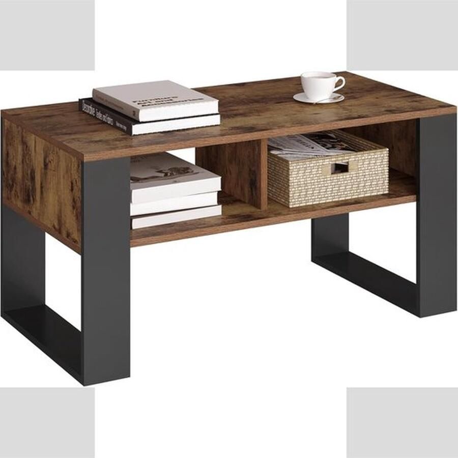 Senza Marchio Salontafel banktafel met 2 open vakken salontafel bijzettafel voor woonkamer slaapkamer hout rustiek bruin + zwart 90 x 45 x 45 cm BTS16hov