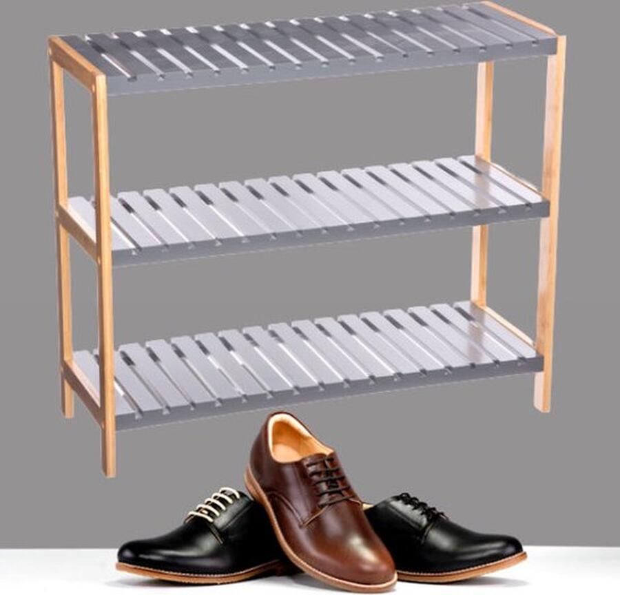 Senza Marchio Schoenenrek 3 etages Houten opbergrek voor 9 paar schoenen Bamboe Mdf Ruimtebesparend 3 laags schoenenplank