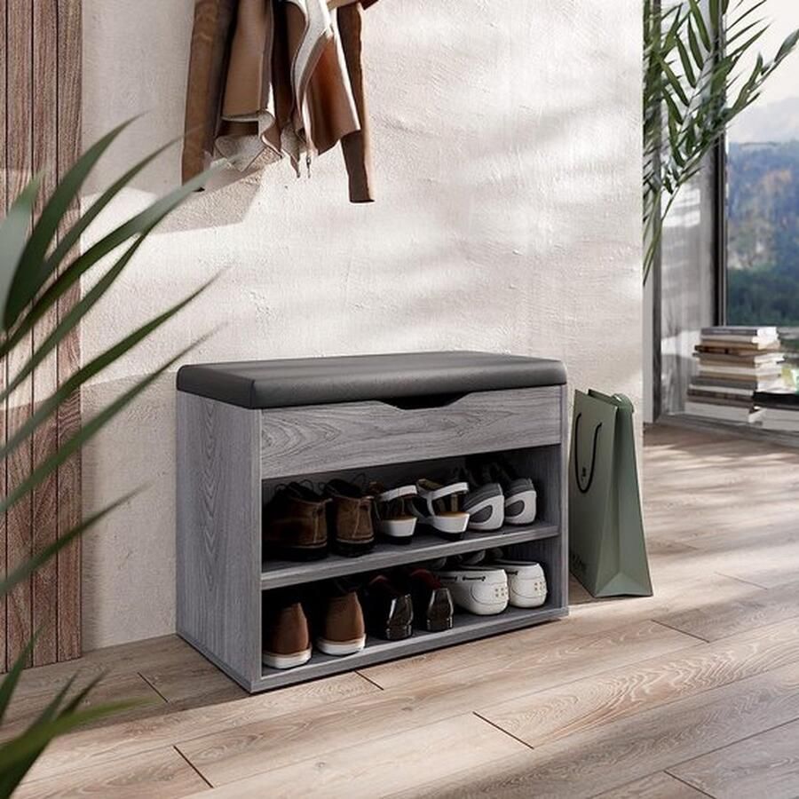 Senza Marchio Schoenenrek klein 60 x 42 x 30 cm Schoenenkast met zitbank Eiken grijs – Shoe rack with bench WM032-EH-A