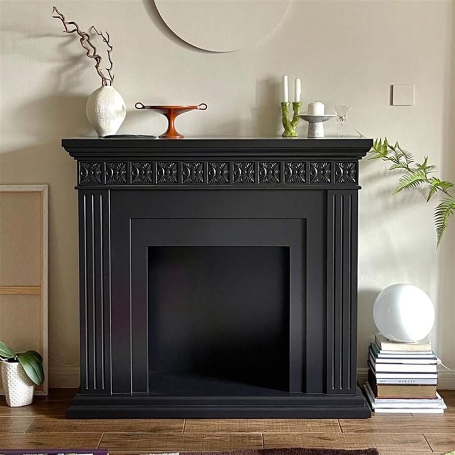 Senza Marchio Schoorsteenmantel Zwarte open haard kachel schoorsteenmantel rand gegraveerde vintage schoorsteenmantel decoratieve dressoir huis dressoir woonkamer hal dressoir Schoorsteenmantel