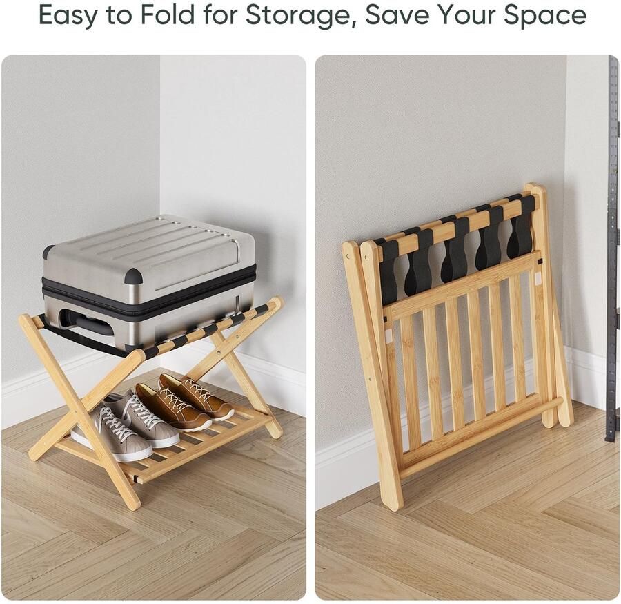 Senza Marchio Semiocthome Volledig gemonteerd bagagerek opvouwbare kofferstandaard met opbergplank bamboehouten kofferrek geschikt voor de meeste bagagematen voor logeerkamer slaapkamer hotel houtkleur