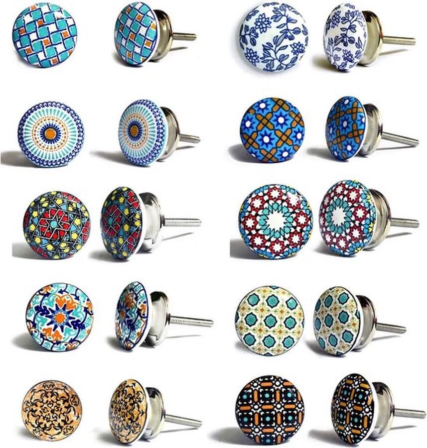 Senza Marchio Set of 10 ceramic knobs with different mosaic designs hand-painted. Handmade handles for cabinets drawers dressers and hangers. Classic knobs with a diameter of 40 mm