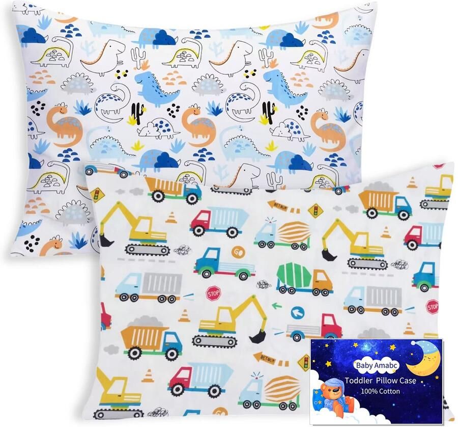 Senza Marchio Set van 2 kussenslopen voor baby's peuters 100% katoen kussensloop voor kinderbed paar kussenslopen 40 x 60 cm cadeaus voor kinderdag dinosaurus vrachtwagen