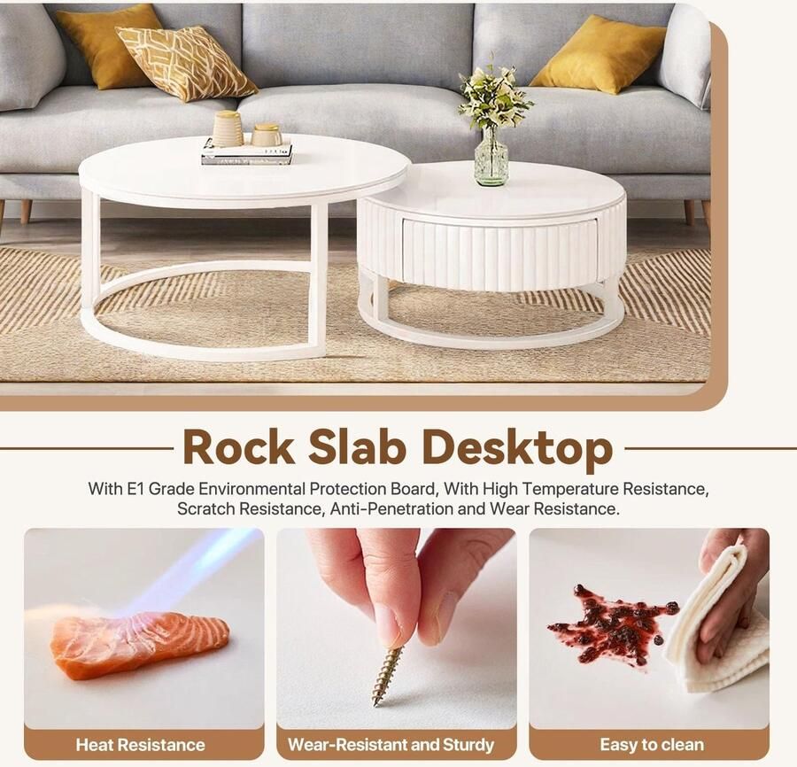 Senza Marchio Set Van 2 Ronde Salontafel Voor Woonkamer Witte Nesting Tafels 50+70cm Moderne Bijzettafel Met Stille Schuifladen Rock Slab Centre Table Met Metalen Poten 2 In 1 Theetafels Voor Kantoor Balkon