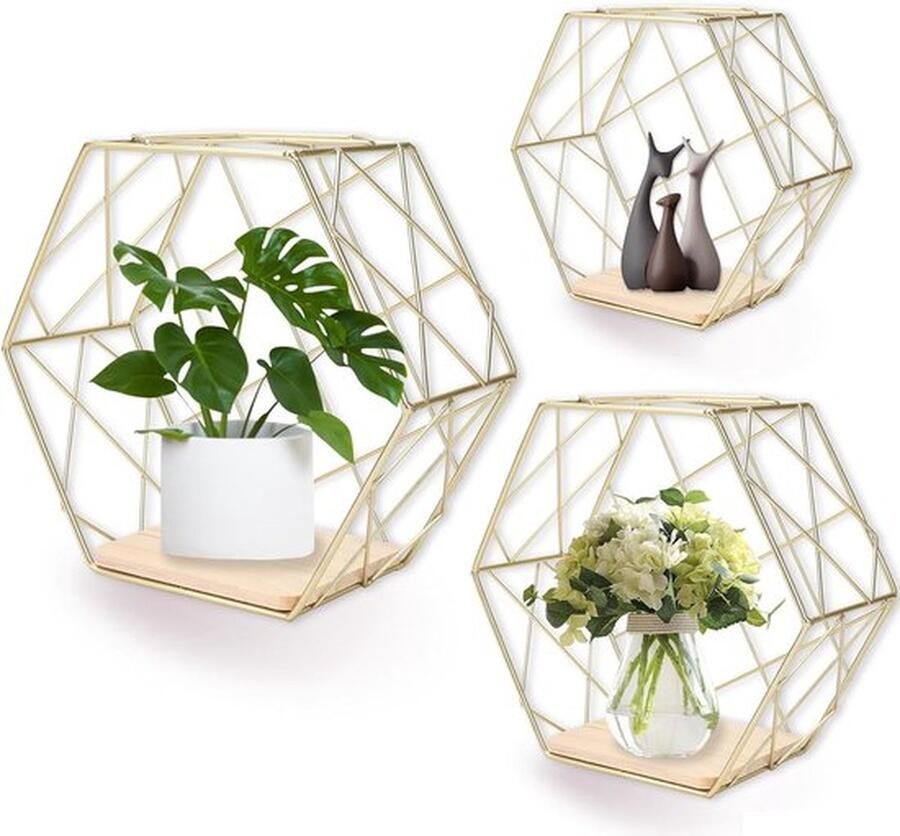 Set van 3 Elegante Gouden Hexagon Wandrekken met Houten Planken voor Decoratie
