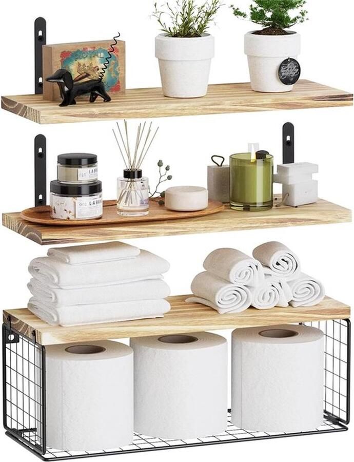 Senza Marchio Set van 3 houten wandplanken met metalen rooster zwevende planken van hout wandrek voor woonkamer slaapkamer kantoor badkamer en keuken