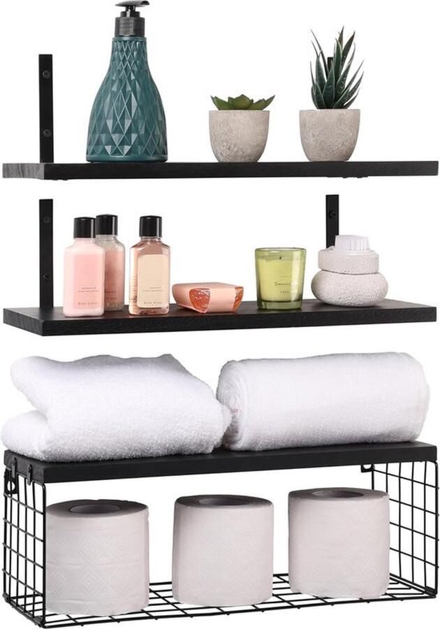 Senza Marchio Set van 3 zwevende houten wandplanken zwart 42 cm lang rustiek houten wandrek met mand wandrek van hout voor slaapkamer woonkamer keuken badkamer of kantoor