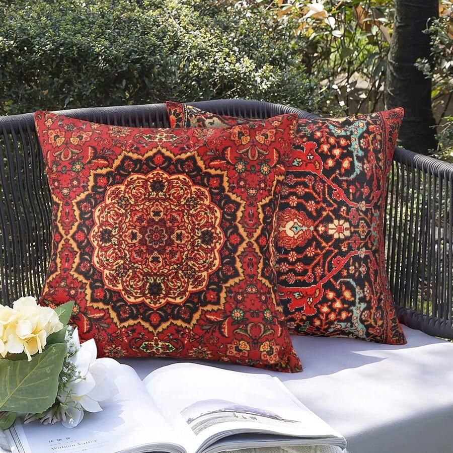 Senza Marchio Set van 4 kussenslopen 45 x 45 cm decoratief linnen waterdicht tribale kussensloop Turks tapijtpatroon gooikussensloop bohemian buiten binnen bank huis woonkamer rood