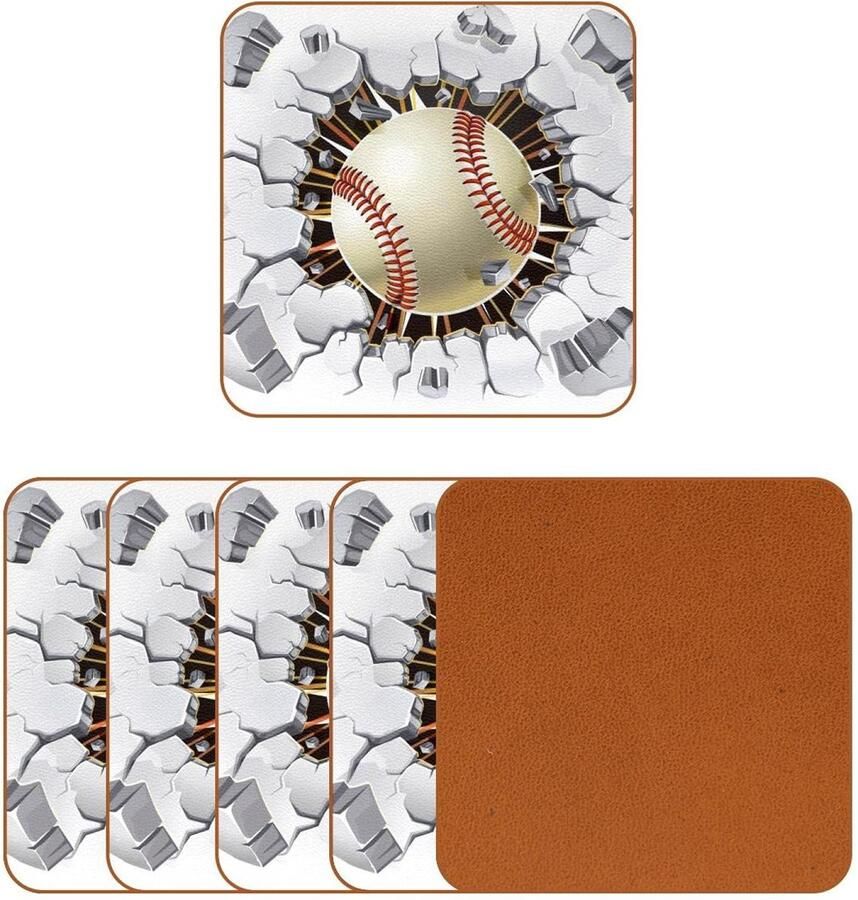 Senza Marchio Set van 6 honkbalbal- sport- antislip-bekermat vierkante tafelblad-beschermpads gemakkelijk schoon te maken drinkonderzetters