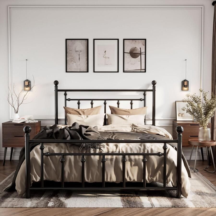 Senza Marchio SHA CERLIN 14 inch full size metalen platform bedframe Victoriaans hoofdeinde en treeplank stalen latten matrasbasis voor opslag geen boxspring nodig ruisvrij zwart