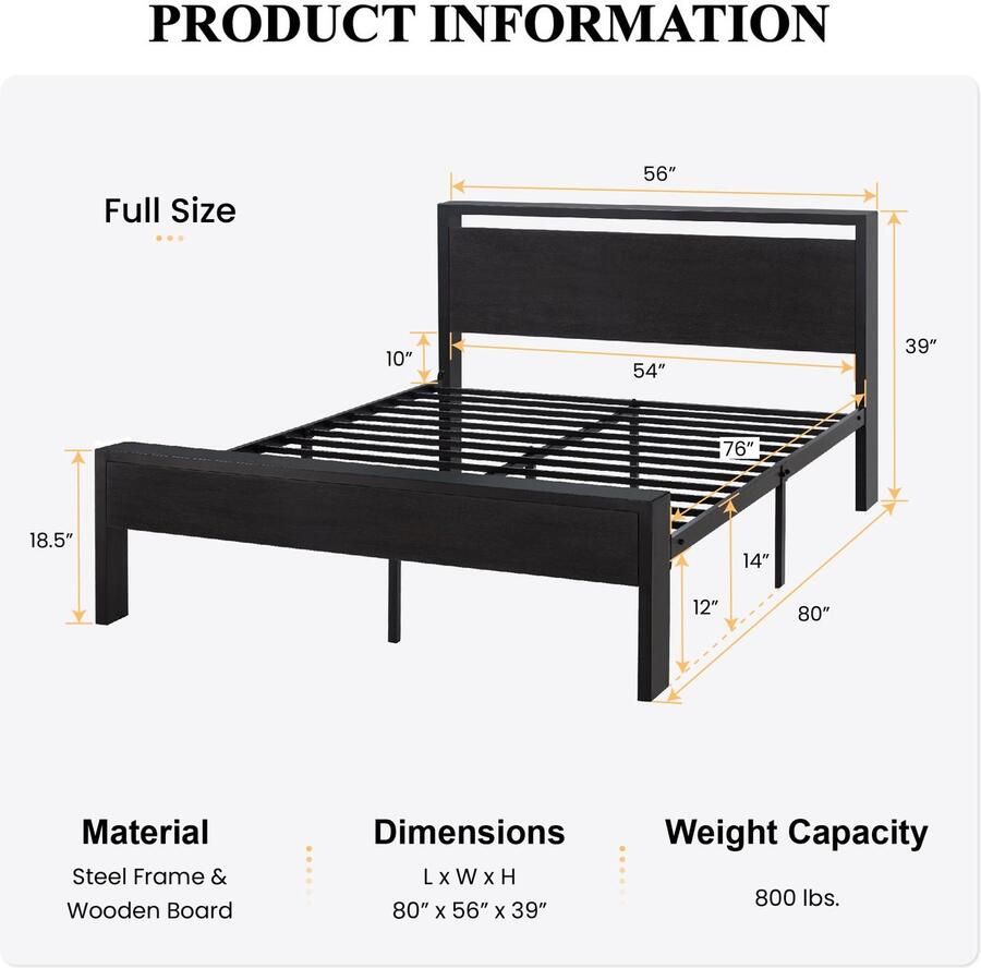 Senza Marchio SHA CERLIN 35 5 cm volledige grootte metalen platform bedframe met houten hoofdeinde en voetenplank matrasbasis geen boxspring nodig grote opslag onder het bed antislip zonder geluid zwart eiken
