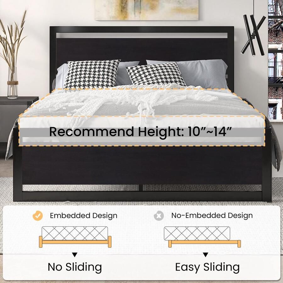 Senza Marchio SHA CERLIN Full Size bedframe met modern houten hoofdeinde zwaar belastbaar platform metalen bedframe met vierkant frame voetplank en 13 sterke metalen latten ondersteuning geen boxspring nodig zwart