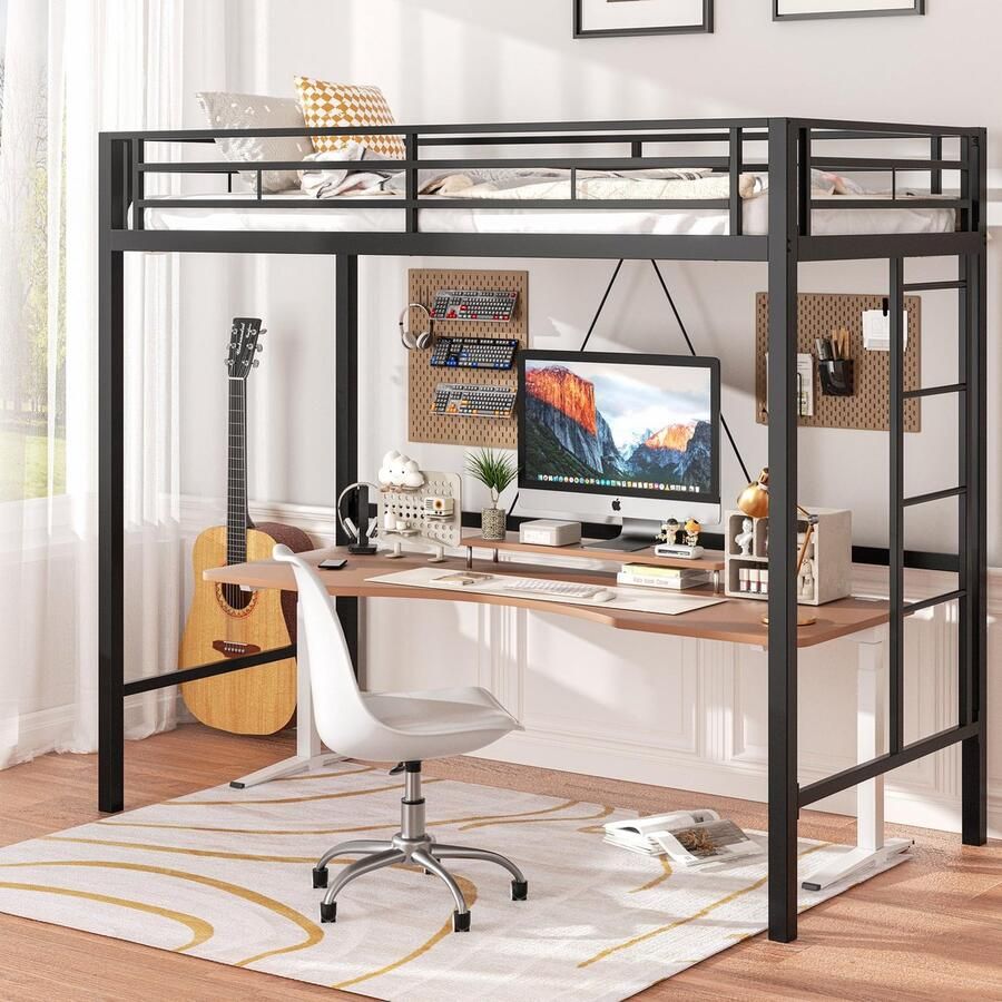 Senza Marchio Shintenchi Loft Bed Twin Size Heavy Duty Metalen Twin Bed Frame met Verwijderbare Ladder & Volledige Lengte Bescherming Ruimtebesparend en Geluidsvrij Ontwerp Geen BoxSpring Noeded Zwart