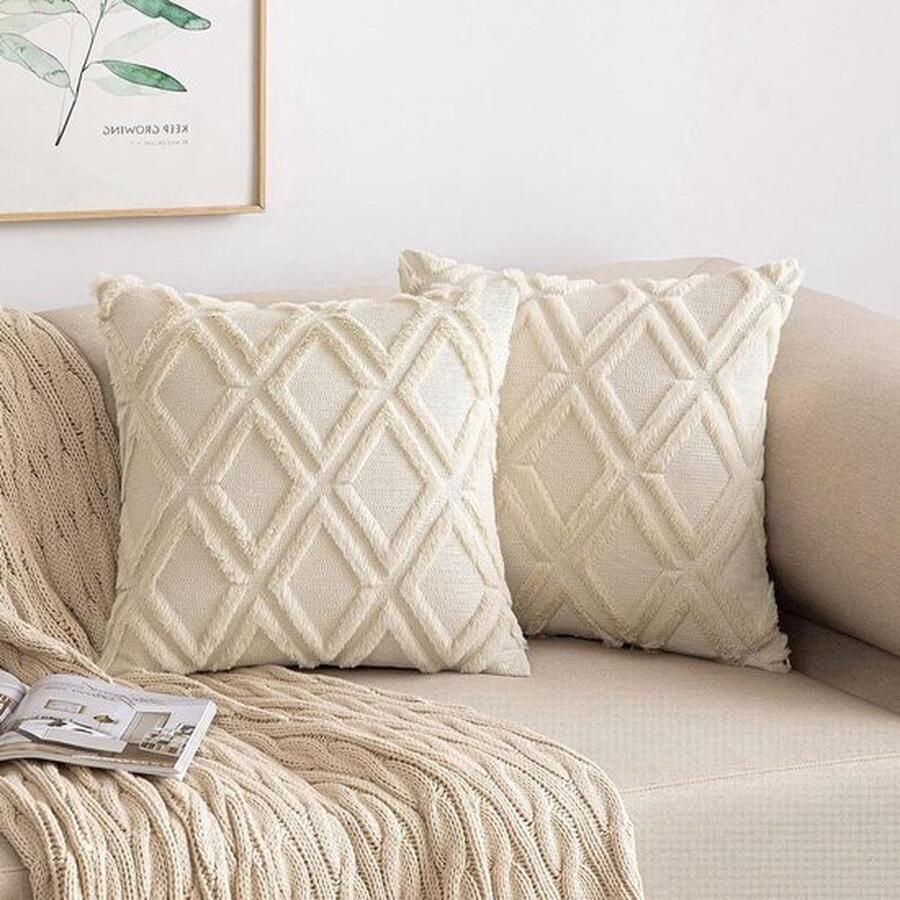 Senza Marchio Sierkussenslopen Set van 2 Wol fluweel Boho decoratief Kussenhoes voor bank slaapkamer 45 x 45 cm Beige