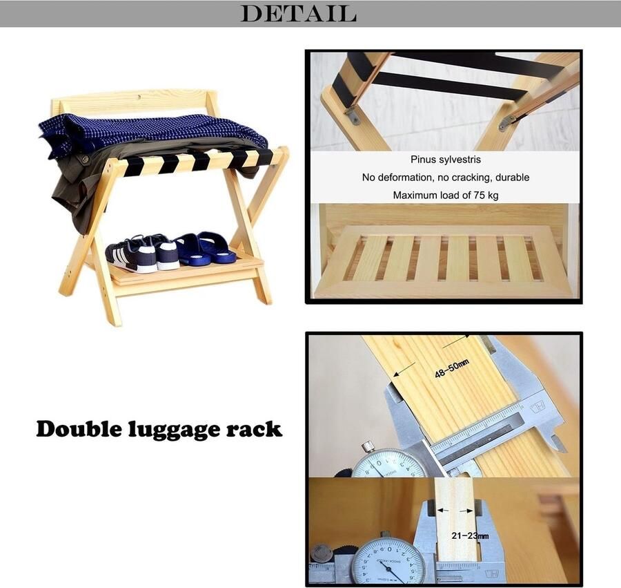 Senza Marchio SIMPALL Dubbellaags bagagerek voor gastenkamer 4 stuks Hotel bagagerek retro massief houten opvouwbaar kofferrek voor thuis slaapkamer gastenkamer hotel