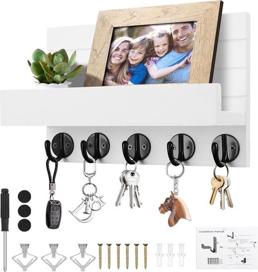 Senza Marchio Sleutelrek met Plank Houten Sleutelrek met 5 Sleutelhaken Sleutelhouder met Plank Decoratief Houten Wandrek voor Ingang Hal Slaapkamer Woonkamer(Wit)