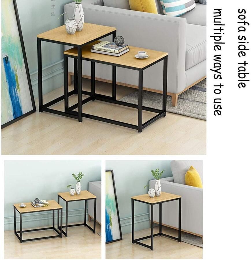 Senza Marchio Sofa Side Table Living Room Coffee Table Stackable Nesting Table Set of 2 Modern End Table Solid Wood Desktop and Iron Frame