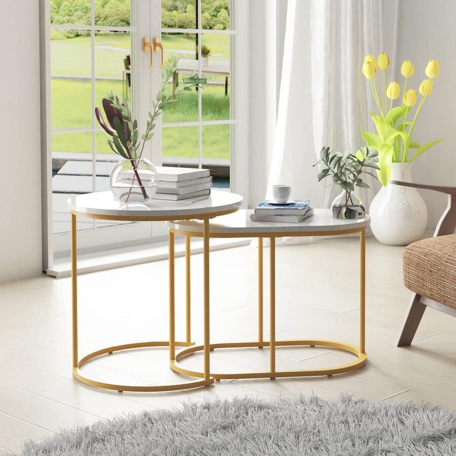 Senza Marchio sogesfurniture Salontafel set van 2 woonkamertafel bijzettafel koffietafel set van 2 met marmerpatroon goudkleurig metalen frame voor woonkamer balkon wit