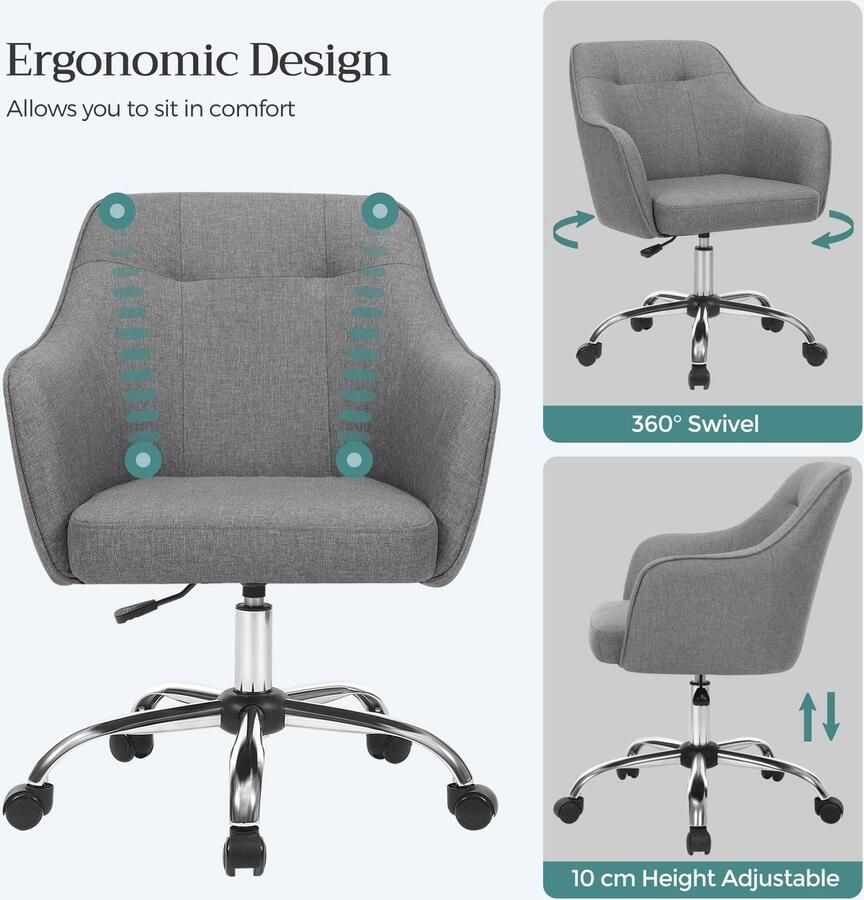 Senza Marchio SONGMICS Bureaustoel comfortabele draaistoel ergonomische zitting in hoogte verstelbaar belasting 120 kg stalen frame imitatie linnen voor kantoor grijs OBG019G01