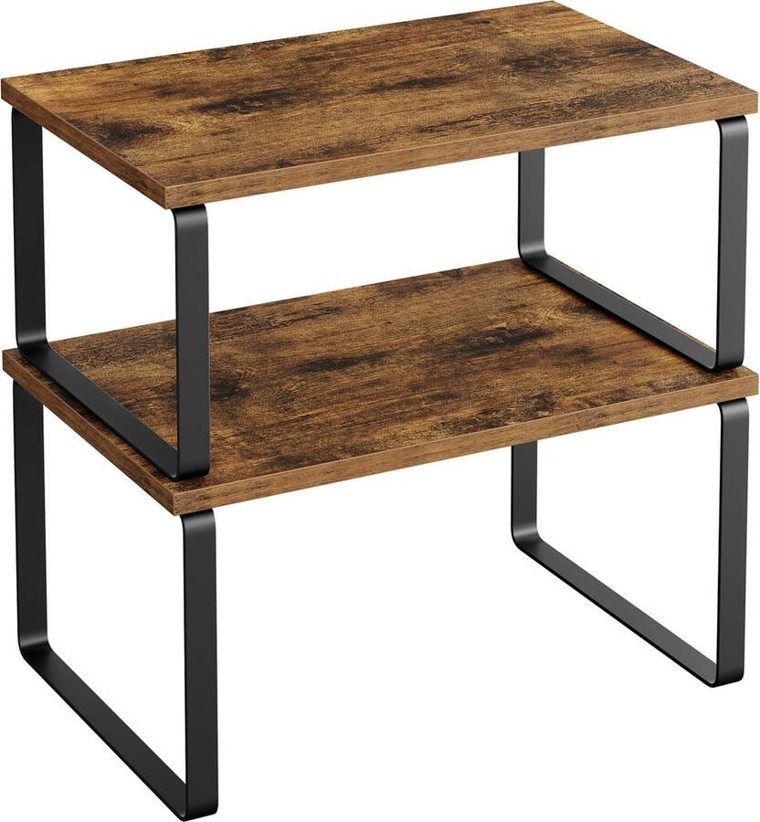 Senza Marchio SONGMICS Kruidenrekjes set van 2 keukenplanken uitzetbare keukenopbergers stapelbaar gemaakt van metaal en spaanplaat legbordinzet voor keukenkastje keuken vintage bruin-zwart KCS020X01