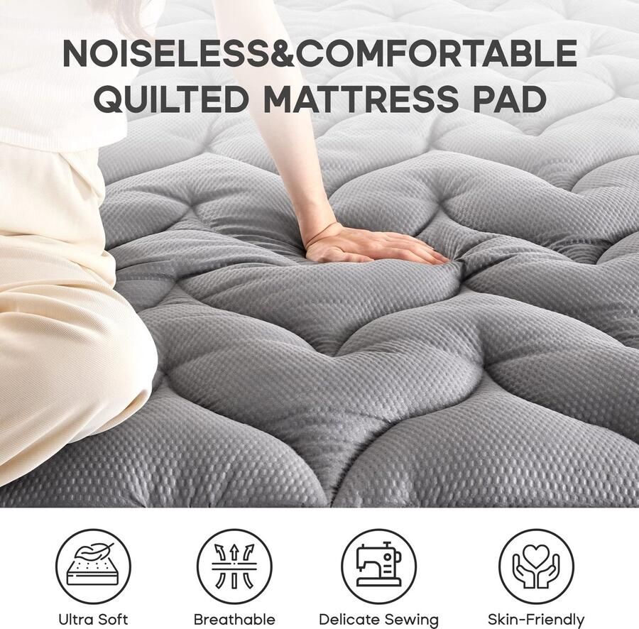 Senza Marchio SONIVE Gewatteerde matrasbeschermer met NANOtex-Additive Ultra Pluizige Zachte Topper Ademend Geruisloze Koeling Uitgerust Matrasbeschermer met Premuim Alternatieve Vulling voor Tweepersoonsbed Grijs 135 x 190 cm